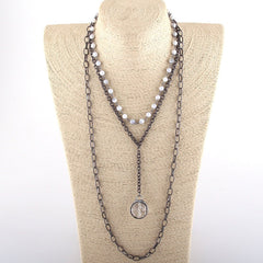 Boho Necklace, RH Antique Brass White Stone Glass