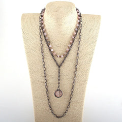 Boho Necklace, RH Antique Brass White Stone Glass