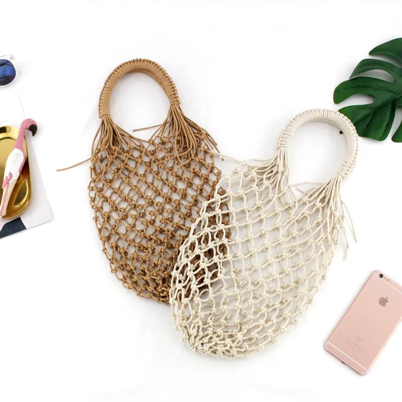Boho Bag, Woven Mesh Rope Tote Bag Kezia in Brown and White