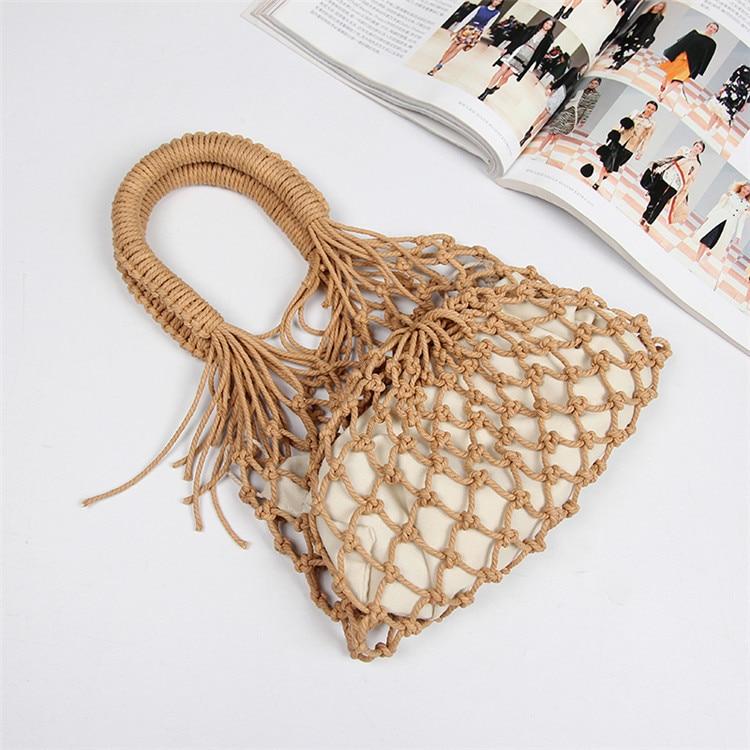 Boho Bag, Woven Mesh Rope Tote Bag Kezia in Brown and White