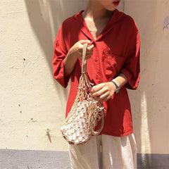 Boho Bag, Woven Mesh Rope Tote Bag Kezia in Brown and White