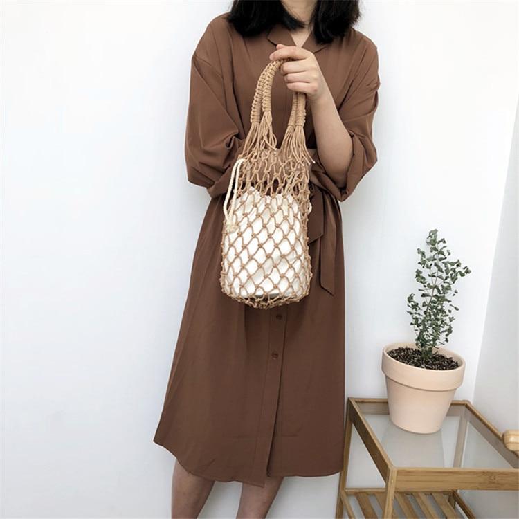 Boho Bag, Woven Mesh Rope Tote Bag Kezia in Brown and White