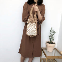 Boho Bag, Woven Mesh Rope Tote Bag Kezia in Brown and White