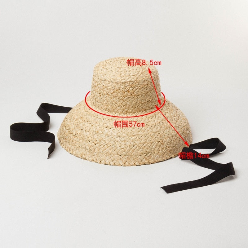 Boho Hat, Beach Hat, Rafia Hat, Vintage Bucket Hat, Beige and Black Ribbon