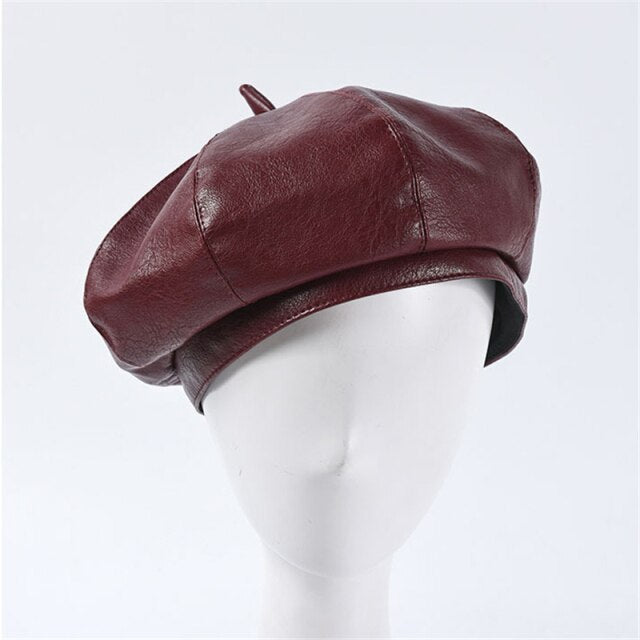 Boho Hat, Leather Beret Hat, Autumn in Beige , Red, Yellow and 9 colors