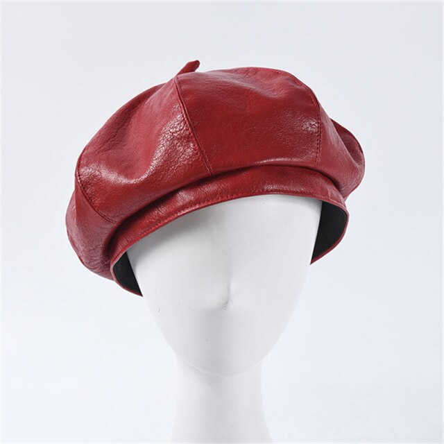 Boho Hat, Leather Beret Hat, Autumn in Beige , Red, Yellow and 9 colors