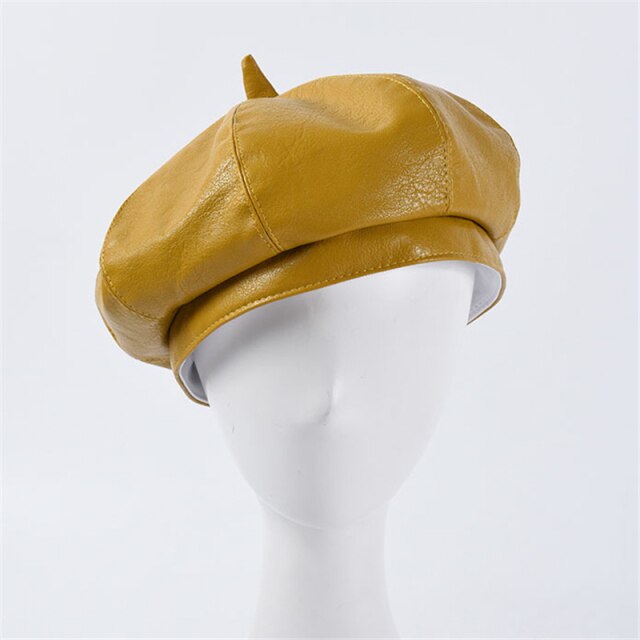 Boho Hat, Leather Beret Hat, Autumn in Beige , Red, Yellow and 9 colors