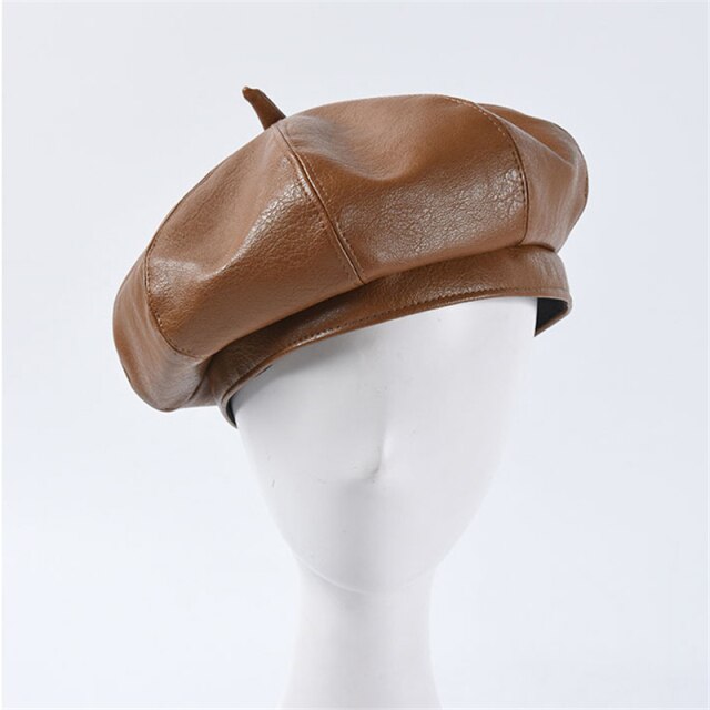 Boho Hat, Leather Beret Hat, Autumn in Beige , Red, Yellow and 9 colors
