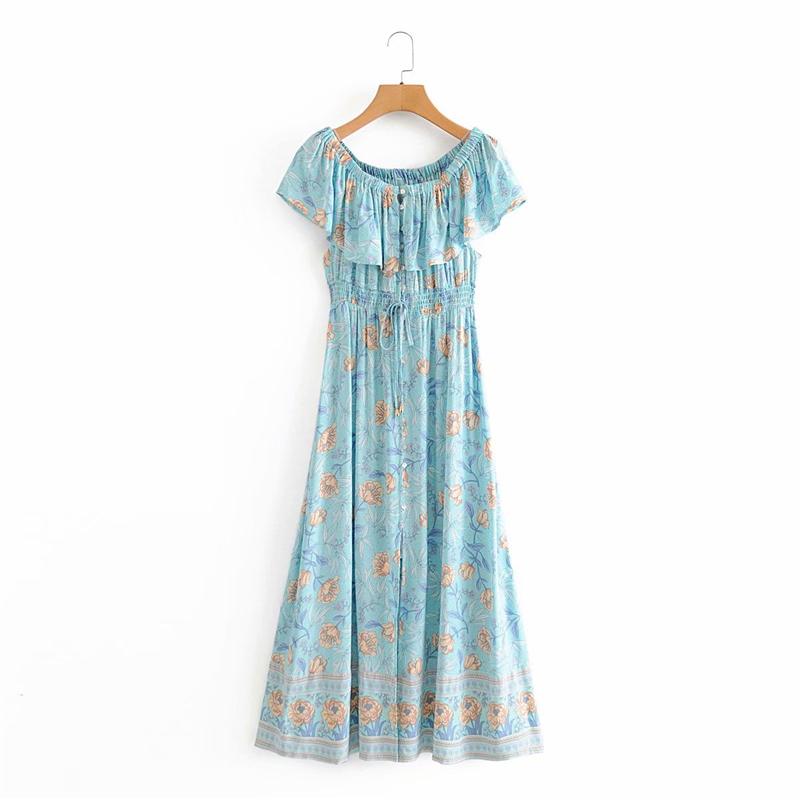 Boho Maxi Dress, Off  Shoulder Dress, Wild Rose Maya Blue