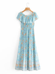 Boho Maxi Dress, Off  Shoulder Dress, Wild Rose Maya Blue