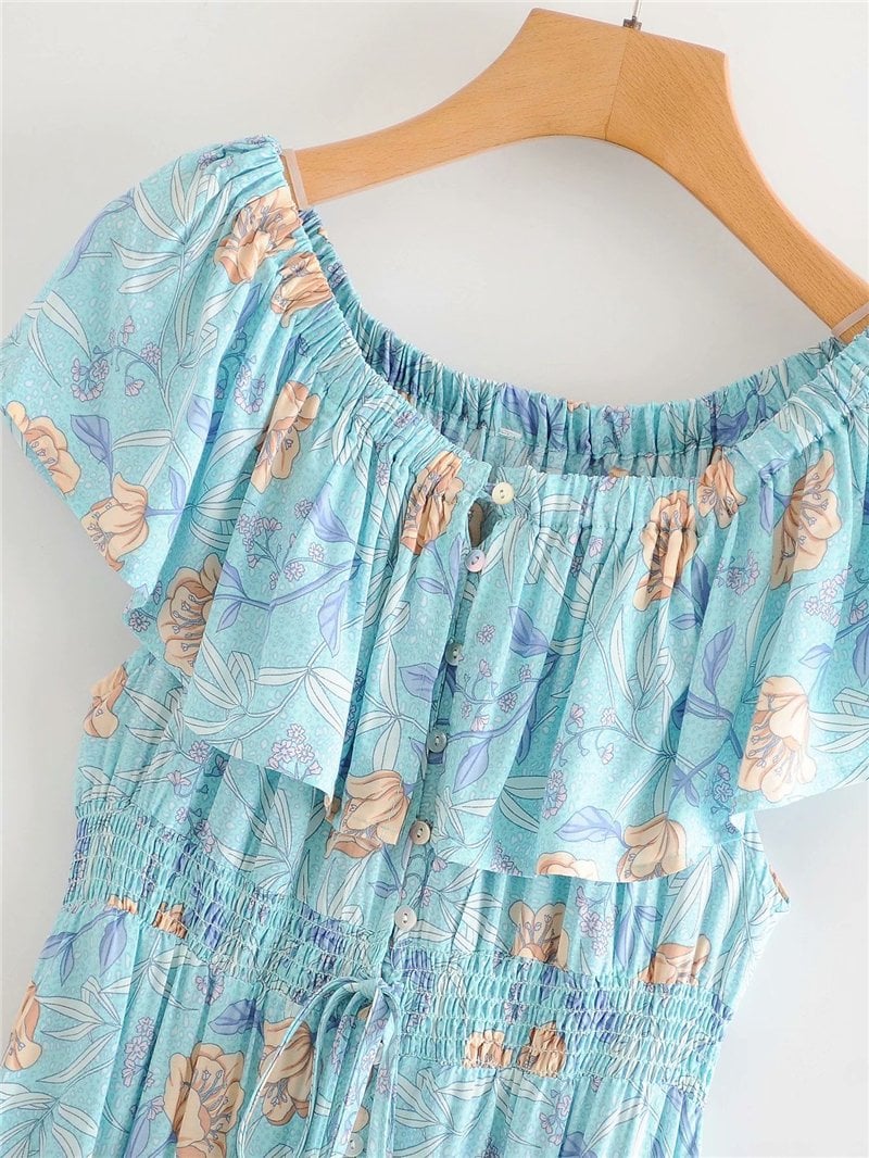 Boho Maxi Dress, Off  Shoulder Dress, Wild Rose Maya Blue