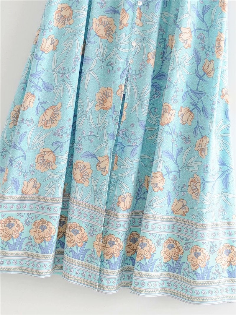 Boho Maxi Dress, Off  Shoulder Dress, Wild Rose Maya Blue