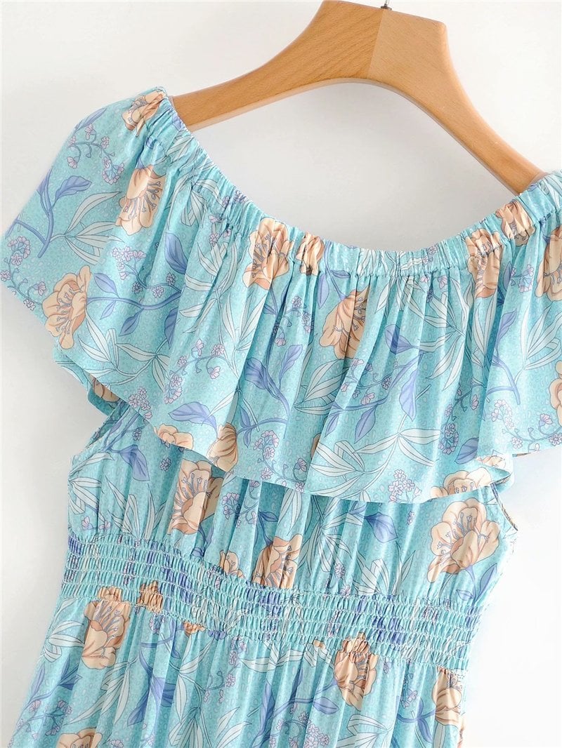 Boho Maxi Dress, Off  Shoulder Dress, Wild Rose Maya Blue