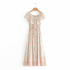 Boho Maxi Dress, Off  Shoulder Dress, Wild Rose White Smoke