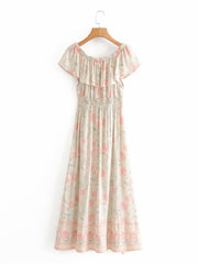 Boho Maxi Dress, Off  Shoulder Dress, Wild Rose White Smoke