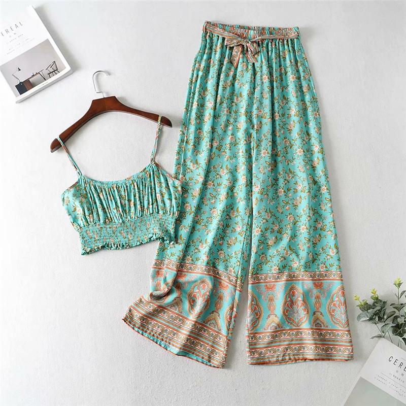 Boho Two Piece Set, Two Piece Pants Set, Wild Floral in Mint Green