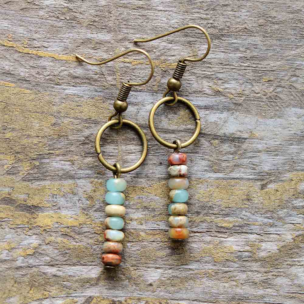 Boho Earrings, Dangle Earrings, Vintage Natural Stone Brown and Pink