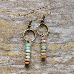 Boho Earrings, Dangle Earrings, Vintage Natural Stone Brown and Pink