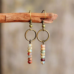 Boho Earrings, Dangle Earrings, Vintage Natural Stone Brown and Pink