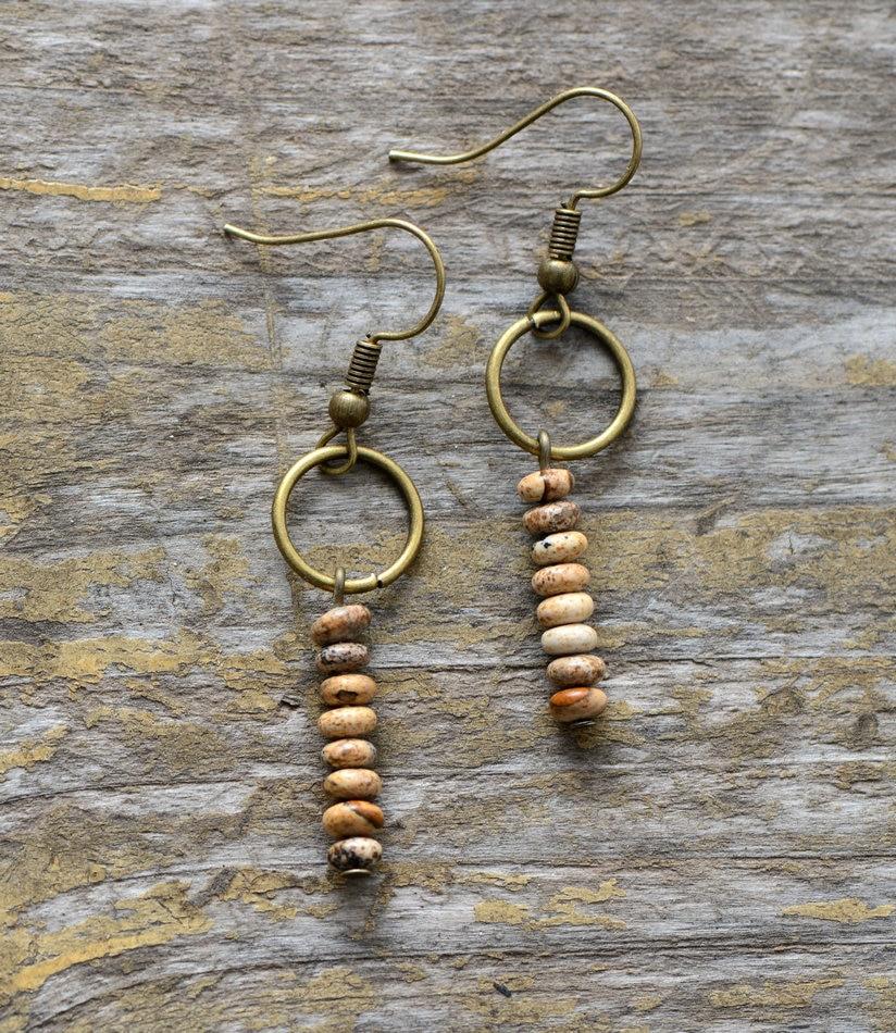 Boho Earrings, Dangle Earrings, Vintage Natural Stone Brown and Pink