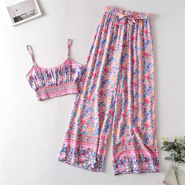 Boho Two Piece Set, Two Piece Pants Set, Wild Floral in Pink