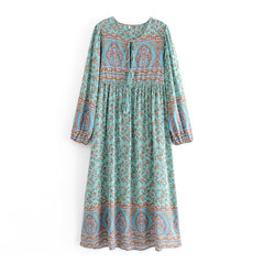 Gown Dress, Boho Maxi Dress, Loose Dress, Parakeet Green Indian Floral