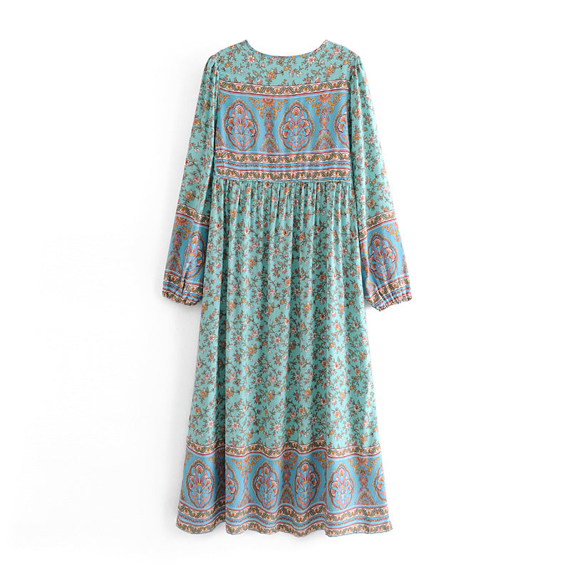 Gown Dress, Boho Maxi Dress, Loose Dress, Parakeet Green Indian Floral