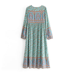 Gown Dress, Boho Maxi Dress, Loose Dress, Parakeet Green Indian Floral