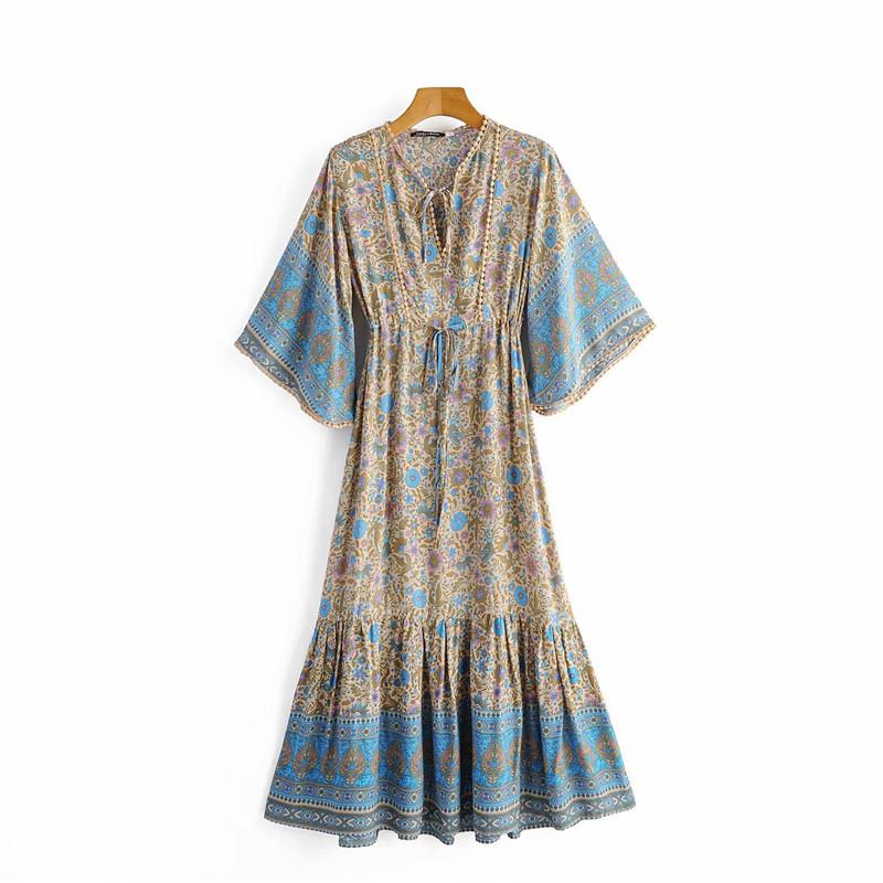 Boho Midi Dress, Sundress, Kaftan Dress, Indian Flower in Blue