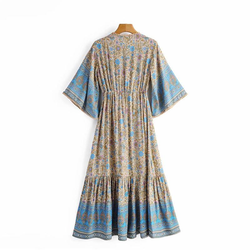 Boho Midi Dress, Sundress, Kaftan Dress, Indian Flower in Blue