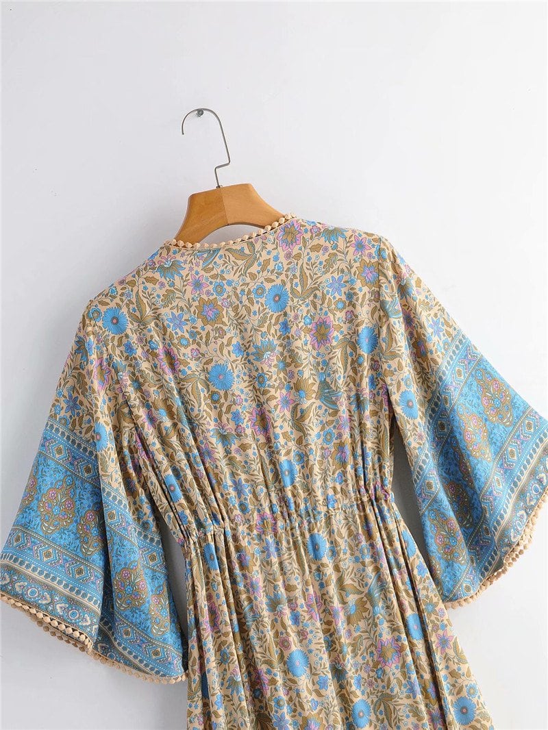 Boho Midi Dress, Sundress, Kaftan Dress, Indian Flower in Blue