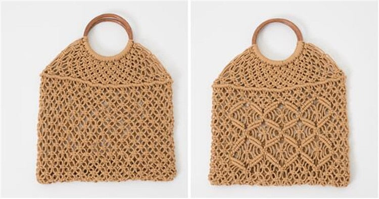Boho Bag, Woven Straw Rope Bag, Brown and White Wood