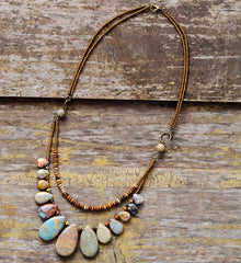 Boho Necklace, Brown Agate, Jasper and Seeds