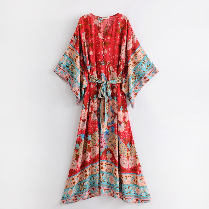 Boho Dress, Kimono Robe Dress, Wild Flower Kelly Red