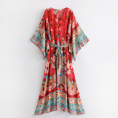 Boho Dress, Kimono Robe Dress, Wild Flower Kelly Red