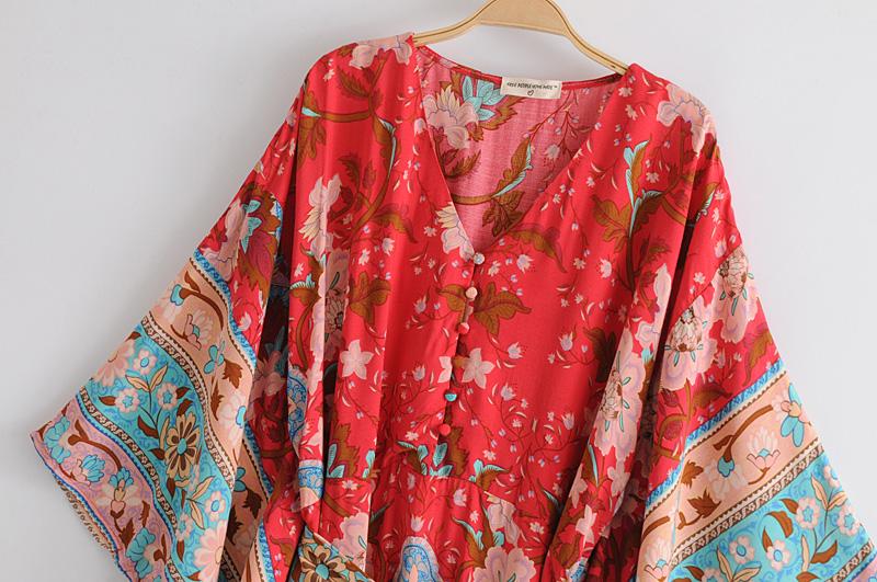 Boho Dress, Kimono Robe Dress, Wild Flower Kelly Red