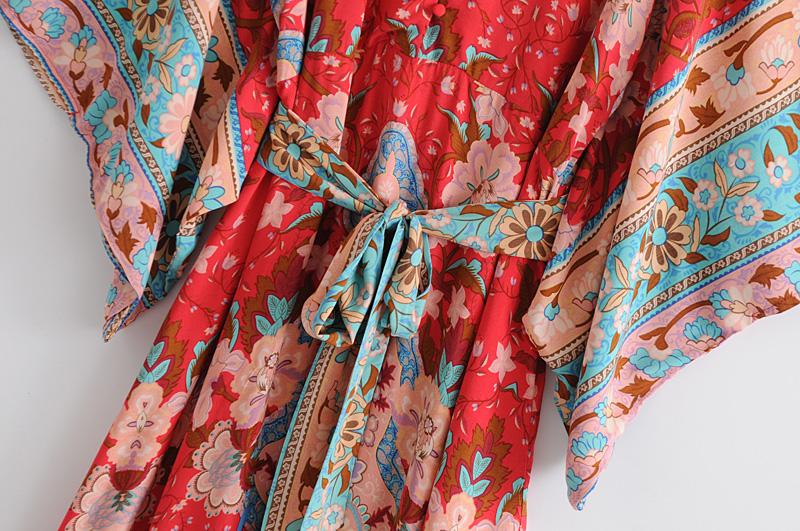 Boho Dress, Kimono Robe Dress, Wild Flower Kelly Red
