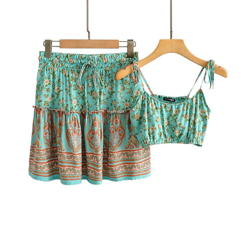 Boho Two Piece Set, Two Piece Skirt Set, Wild Floral in Mint Green
