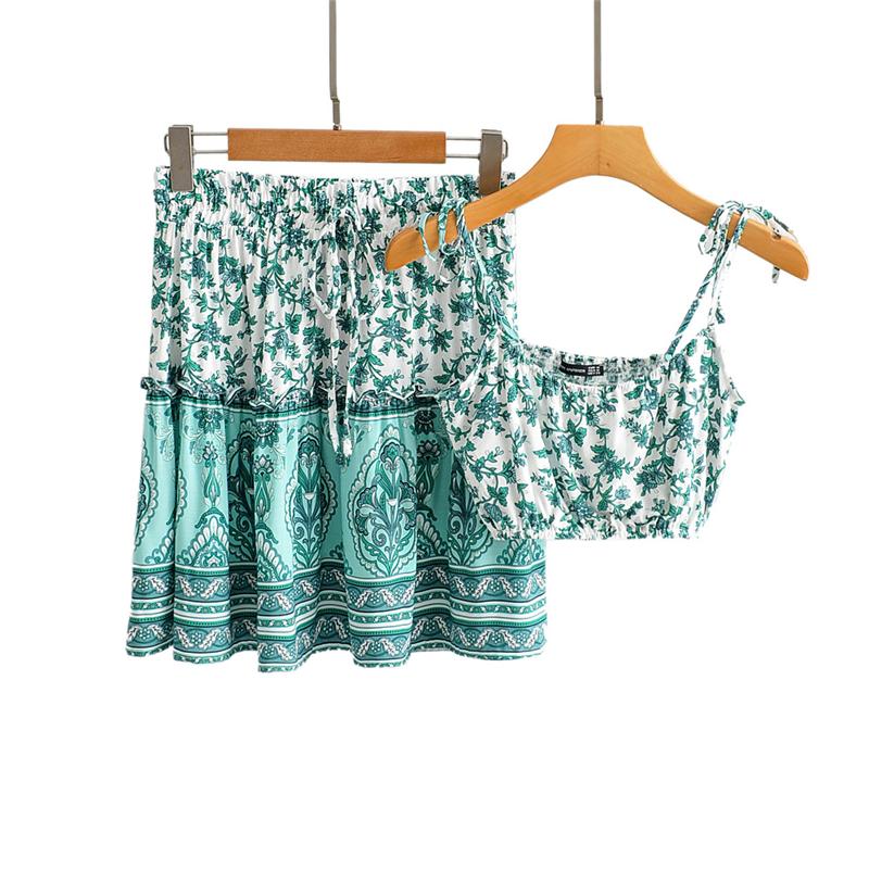 Boho Two Piece Set, Two Piece Skirt Set, Wild Floral in Green