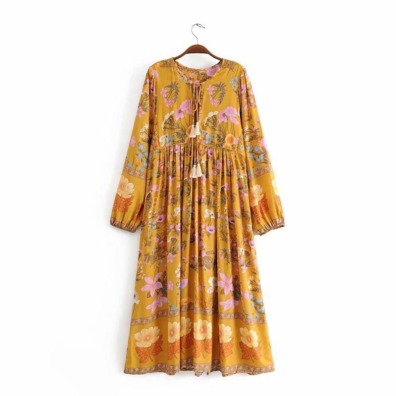 Gown Dress, Boho Maxi Dress, Loose Dress, Flower Garden in Pink, Blue and Yellow