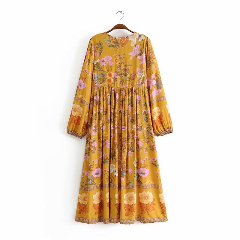 Gown Dress, Boho Maxi Dress, Loose Dress, Flower Garden in Pink, Blue and Yellow