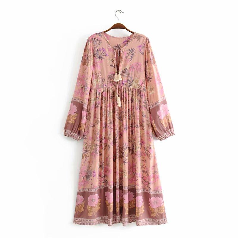Gown Dress, Boho Maxi Dress, Loose Dress, Flower Garden in Pink, Blue and Yellow