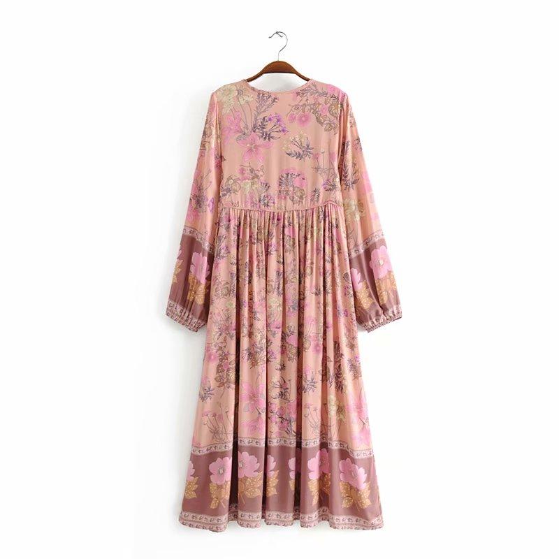 Gown Dress, Boho Maxi Dress, Loose Dress, Flower Garden in Pink, Blue and Yellow