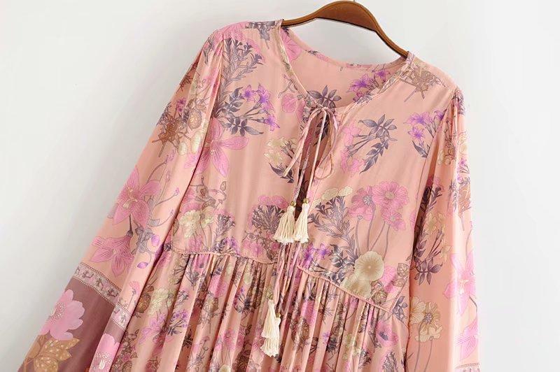 Gown Dress, Boho Maxi Dress, Loose Dress, Flower Garden in Pink, Blue and Yellow