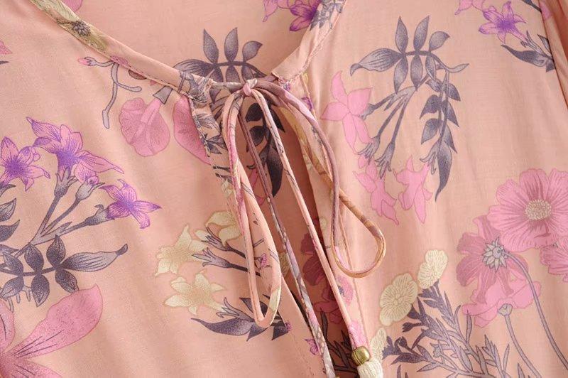 Gown Dress, Boho Maxi Dress, Loose Dress, Flower Garden in Pink, Blue and Yellow
