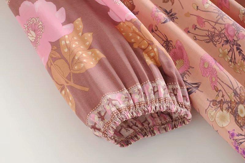 Gown Dress, Boho Maxi Dress, Loose Dress, Flower Garden in Pink, Blue and Yellow