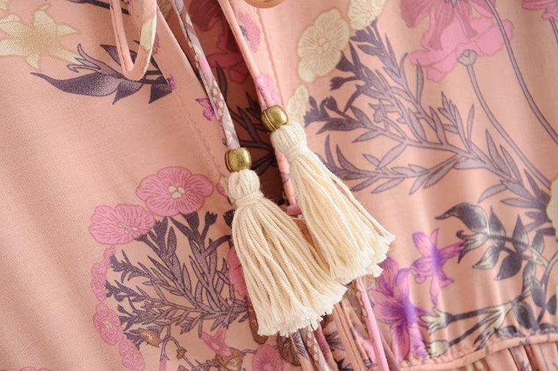 Gown Dress, Boho Maxi Dress, Loose Dress, Flower Garden in Pink, Blue and Yellow
