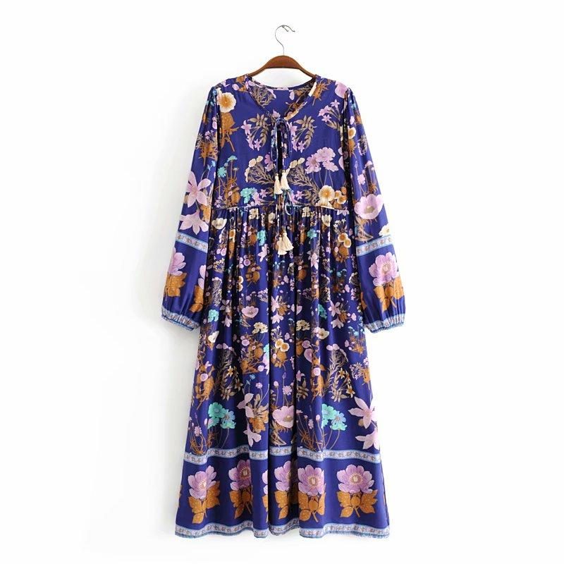Gown Dress, Boho Maxi Dress, Loose Dress, Flower Garden in Pink, Blue and Yellow