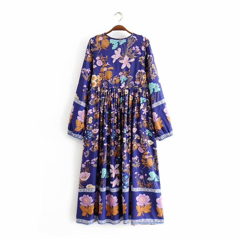 Gown Dress, Boho Maxi Dress, Loose Dress, Flower Garden in Pink, Blue and Yellow