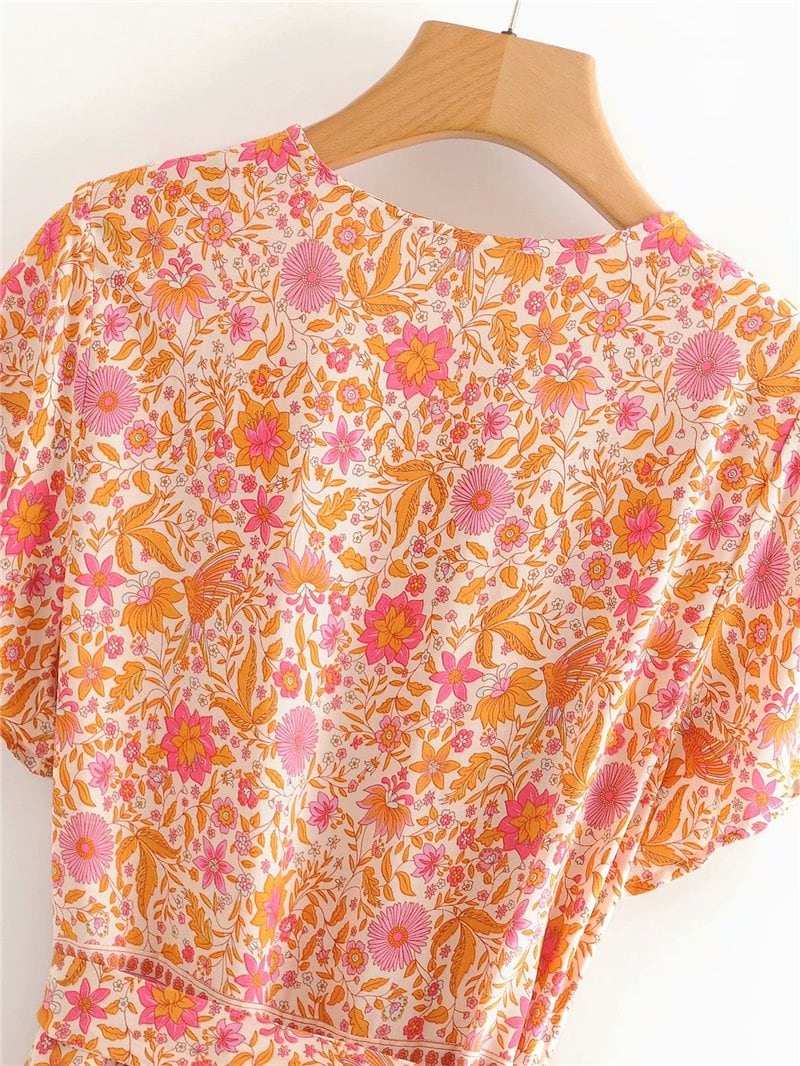 Boho Mini Dress Sundress, Indian Flower in Pink